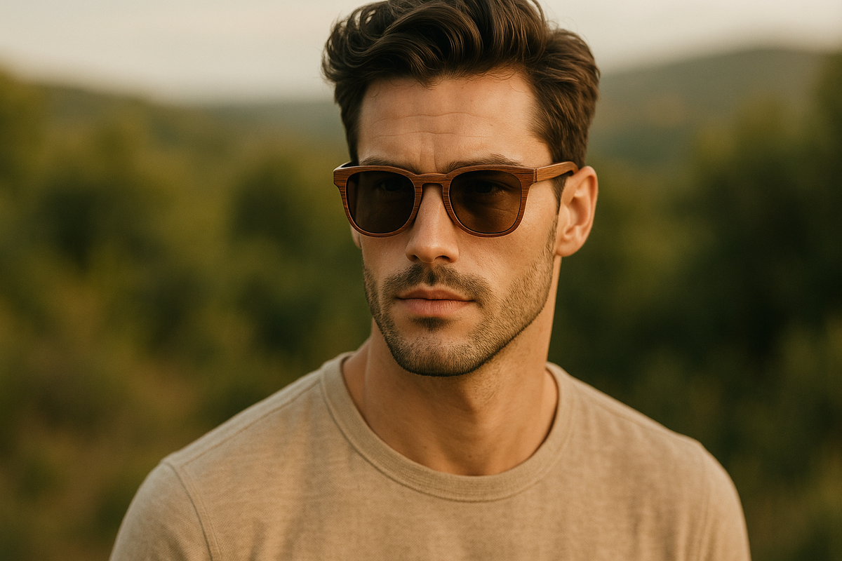 male model wearing a pair of our wooden sunglasses that i can use for an opening banner on our website, natural setting, goodlooking male